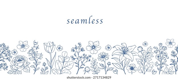 Padrão de vetor de arte de linha floral uniforme em fundo branco. Borda de flores botânicas desenhadas à mão elegante para têxteis, papel de parede, embalagens, convites, artigos de papelaria e desenhos de decoração modernos.