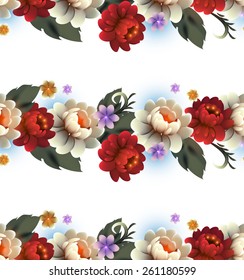 Seamless floral line pattern with of red and white roses. Vector illustration