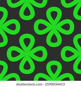 Seamless floral linear pattern featuring bold green clover shapes and petals. High quality geometric vector design in retro style for decor, wallpaper, and print. Y2K style.