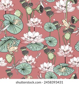 Seamless floral lotus rainbow hand drawing. Floral and botanical background. Summer tone with tropical leaves, lotus flower, lotus fruit, branch vector. Seamless pattern 