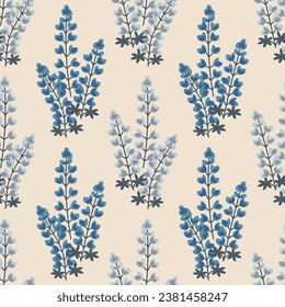 Seamless floral lupine blue and white pattern