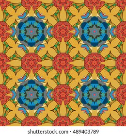 Seamless floral mandala pattern in blue, turquoise, yellow and pale orange on floral background.