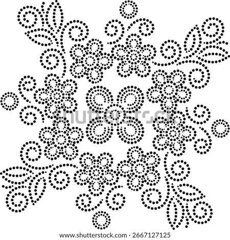 Seamless Floral Mandala Pattern of Central Large Flower with Rotating Circle of Small Flowers with Peripheral Leaves and Springs at Corners drawn in dotted flat style for Fabric Cushion Curtain Carpet