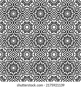 Seamless floral mandala pattern. Decorative abstract flowers with intricate lines in Arabic style. Square tile. Geometric black and white background. Vector arabesque illustration