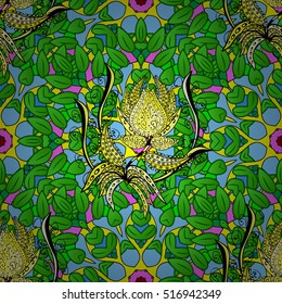 Seamless floral mandala pattern in green, blue and yellow on floral background.