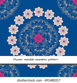 Seamless floral mandala pattern from hand drawn petals. Fashionable colours. For fabric, cloth design, wallpaper.