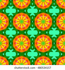 Seamless floral mandala pattern in orange, yellow, green on floral background.