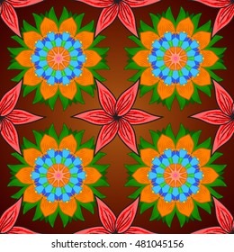 Seamless floral mandala pattern in orange, green, pink, red, brown colors. floral background.