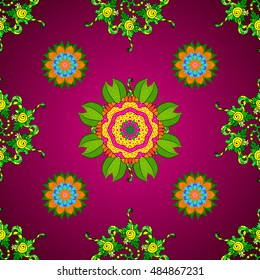 Seamless floral mandala pattern in orange, green, pink, red, cherry on floral background.