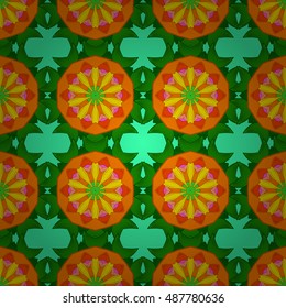 Seamless floral mandala pattern in orange, yellow, green on floral background.