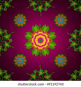 Seamless floral mandala pattern in orange, green, pink, red, cherry on floral background.