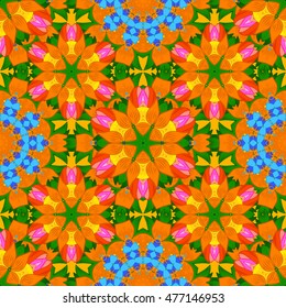 Seamless floral mandala pattern in pink, turquoise green, blue and pale orange on floral yellow background.