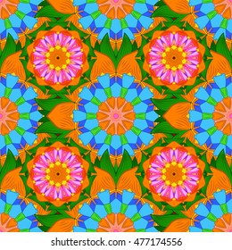 Seamless floral mandala pattern in pink, turquoise green and pale orange on floral yellow background.