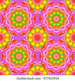 Seamless floral mandala pattern in pink, turquoise green and pale orange on floral pink background.