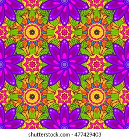 Seamless floral mandala pattern in pink, turquoise green and pale orange on floral lilac background.