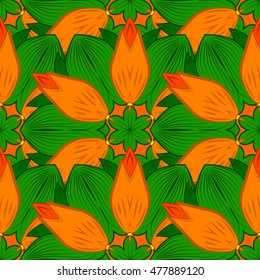 Seamless floral mandala pattern in pink, turquoise green and pale orange on floral green background.
