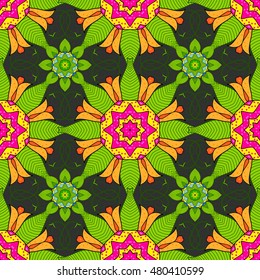 Seamless floral mandala pattern in pink, turquoise green and pale orange on floral yellow background.