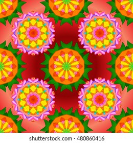Seamless floral mandala pattern in pink, green on floral background.