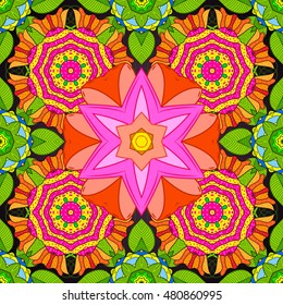Seamless floral mandala pattern in pink, green on floral background.