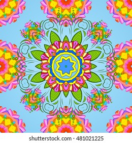 Seamless floral mandala pattern in pink, green on blue background.