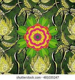 Seamless floral mandala pattern in pink, green on floral background.