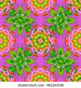 Seamless floral mandala pattern in pink, turquoise green, yellow and pale orange on floral pink background.
