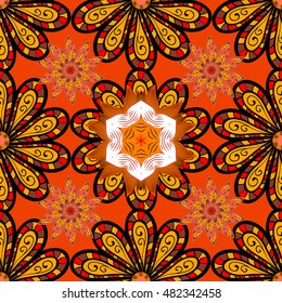 Seamless floral mandala pattern in pink, yellow on floral doodles background.