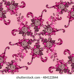 Seamless floral mandala pattern in pink doodles background.