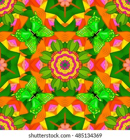Seamless floral mandala pattern in pink, turquoise green and pale orange on floral green background with green butterflies Vector.