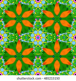 Seamless floral mandala pattern in pink, turquoise green, blue and pale orange on floral yellow background.