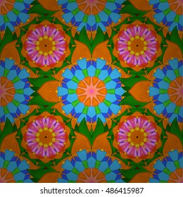 Seamless floral mandala pattern in pink, turquoise green and pale orange on floral yellow background.