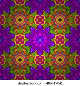 Seamless floral mandala pattern in pink, turquoise green and pale orange on floral lilac background.