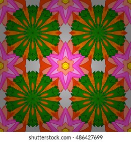Seamless floral mandala pattern in pink, turquoise green and pale orange on floral pink and white background.