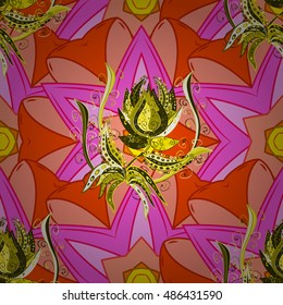 Seamless floral mandala pattern in pink, turquoise green and pale orange on floral pink background. Yellow flower.