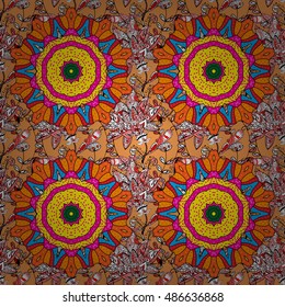 Seamless floral mandala pattern in pink, turquoise blue and pale orange. Yellow and orange mandala.