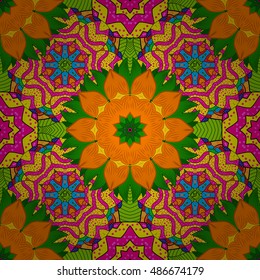 Seamless floral mandala pattern in pink, turquoise blue and pale orange. Yellow and orange mandala.