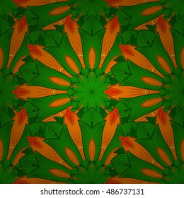 Seamless floral mandala pattern in pink, turquoise green and pale orange on floral green background.
