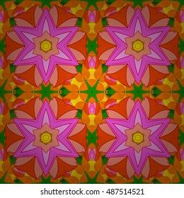 Seamless floral mandala pattern in pink, turquoise green, yellow and pale orange on floral yellow background.