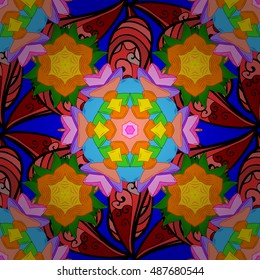 Seamless floral mandala pattern in pink, turquoise green, blue and pale orange on colorful background.