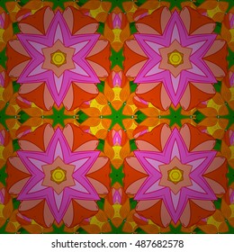 Seamless floral mandala pattern in pink, turquoise green, yellow and pale orange on floral yellow background.