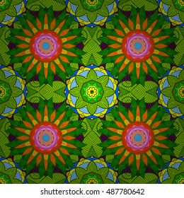 Seamless floral mandala pattern in pink, green on floral background.