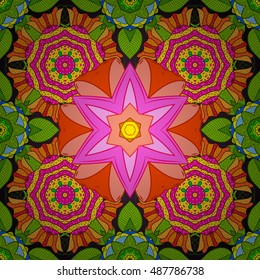 Seamless floral mandala pattern in pink, green on floral background.