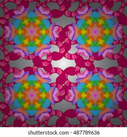 Seamless floral mandala pattern in pink, blue on floral background.