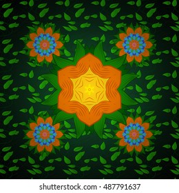 Seamless floral mandala pattern in pink, green on floral background.