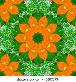 Seamless floral mandala pattern in pink, turquoise green, blue and pale orange on floral orange background.