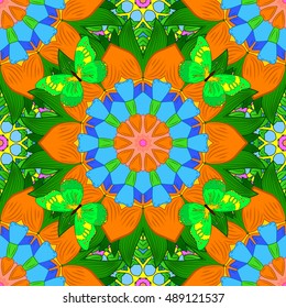 Seamless floral mandala pattern in pink, turquoise green, blue and pale orange on floral orange background. Green butterflies.