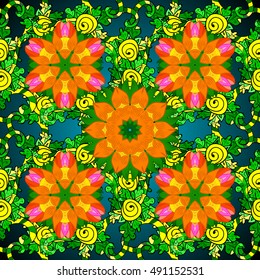 Seamless floral mandala pattern in pink, turquoise green and pale orange on floral yellow background.