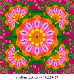 Seamless floral mandala pattern in pink, turquoise green and pale orange on floral yellow background.