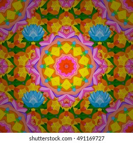Seamless floral mandala pattern in pink, turquoise green, blue and pale orange on floral yellow background.