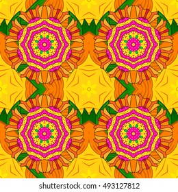 Seamless floral mandala pattern in pink, green and orange background.